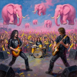 a painting of a concert by bananas playing death metal while the public are pink elephants in the sky in the style of artist James Jean