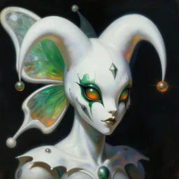 close - up view of a dark whimsical white iridescent organic butterfly jester human. angular futuristic sci - fi features and eyes. deep green and orange tones. dark black background. highly detailed science fiction painting by moebius, frank frazetta, and syd mead. rich colors, high contrast. lens flare, y 2 k aesthetic on artstation