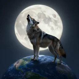 the wolf howls on the moon to the earth, digital art