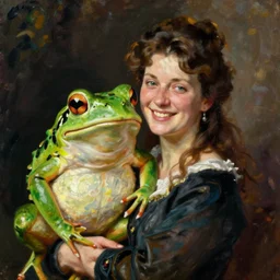 a painting of a smiling lady with her giant pet frog, by john singer sargent,