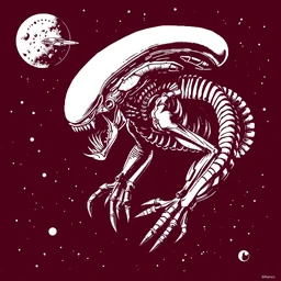 a poster of alien xenomorph, spaceship, in 1 bit color, black and white, dithering style, extremely detailed, by miura kentaro