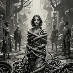photo of a woman wrapped around by tubes and cables, by Edgar Maxence and Ross Tran, Zdzisław Beksiński, and Michael Whelan, distant, gustav dore, H.R. Giger, 8k, octane render