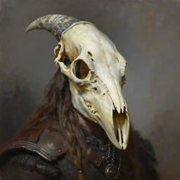 portrait painting of viking berserker with a dinosaur skull headdress, by jeremy mann, only one head single portrait