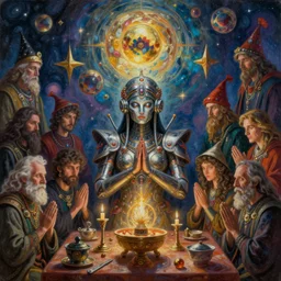 a hyper realistic surreal painting of sorcery that opens up a dimension to another twilight zone!!! dimension, painted by highly detailed by artgerm, peter mohrbacher, wayne barlowe, boris vallejo, paolo eleuteri serpieri, greg rutkowski, masterpiece, brutal solarpunk macedonian cyber warrior portrait praying altar of sacrifice by giger vasnetsov rutkowski