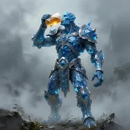 blue crystal golem drinks beer, beer, glass, beer mug in hand, intricate, triumphantly, foggy background, full body art, dark souls, drawing, concept art, artstation, digital painting