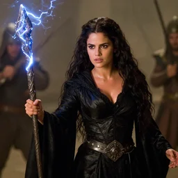 epic photo of young salma hayek as beautiful medieval sorceress with very long black hair wearing a black satin robe and metal belt, battle scene, holding her wizard staff electricity emanating from it, sweaty, in the film ladyhawke 1 9 8 5, movie still, cinematography by david fincher