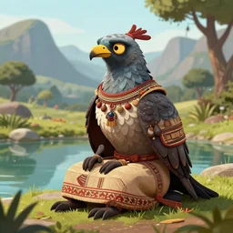 mythical harpy, wearing Inka clothes, sad expression, sitting at a pond, mountainous area, trees in the background, digital art