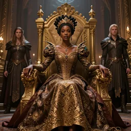 Elegant dark skinned queen wearing a brocade dress| high fantasy | d&d | dragon age | jeff easley, greg rutkowski, pino daeni | volumetric lights | in throne room |