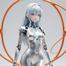 perfect anime cyborg woman, porcelain, aluminium ( desgined by apple ), silver, blue soft details, soft!!, orange metal wireframe backdrop, studio photo, octane render, studio lights, 8 0 mm lens