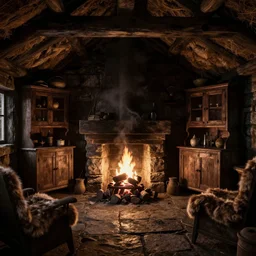 rendering of interior of a hebrides crofter's black house dwelling in scotland, 1 8 0 0 s, cozy, open peat fire in center of room, stone floor, smoke, cabinets, wooden furtniture, low ceiling, turf roof, volumetric lighting, dark, dark, dingy, old, unreal engine render