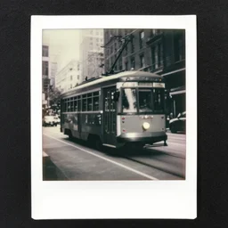 picture of a red tramway in new york, 1 9 5 0, black and white, polaroid shot, beautiful artistic photography