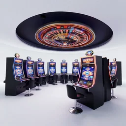minimalistic extreme wide angle curved perspective digital art of indoor casino with alien shaped slot machines, with roulettes in the roof, by anton fadeev from nightmare before christmas, 8 k, octane renderer