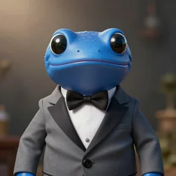 blue salamander in a grey tuxedo and a bowtie, character icon