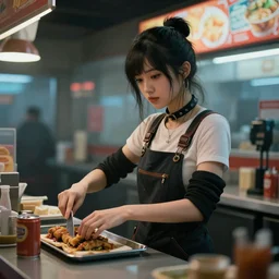 ana de armas portrait working in a fast food restaurant, in a cinematic cyberpunk style, 3 5 mm