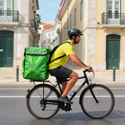 a food delivery guy on his bicycle wearing a big green bag at the streets of Lisbon, art by Stephen Hickman