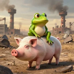 a frog riding on a pig in a nuclear wasteland