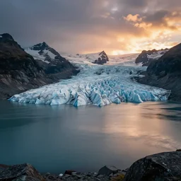 a glacial lake, landscape photography by marc adamus, mountains, sunset, dramatic lighting, glacial lake clouds, beautiful,