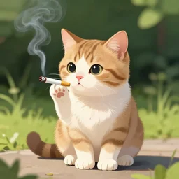 a kitten smoking a cigarette outdoors, digital art