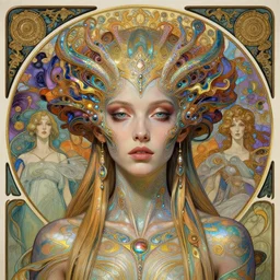 detailed realistic iridescent beautiful young cher cyber alien fractal queen of mars portrait by jean delville, gustave dore and marco mazzoni, art nouveau, symbolist, visionary, baroque. horizontal symmetry by zdzisław beksinski, iris van herpen, raymond swanland and alphonse mucha. highly detailed, hyper - real, beautiful