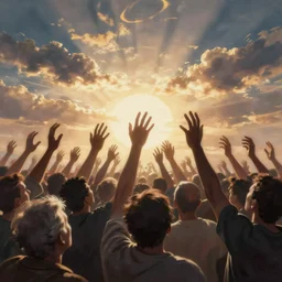 painting of a crowd reaching towards the glowing sky, volumetric lighting, nasty, hyperdetailed, realistic