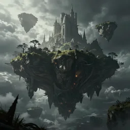 floating islands in void concept art, low angle, cinematic, dark souls, style of Jordan grimmer