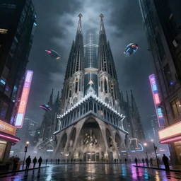 photorealistic streetscape, a towering cathedral of brutalist architecture, steel, concrete, mist, night, dramatic lighting, rain, wet streets, white neon lights, colorful neon signs, futuristic floating vehicles, pedestrians, syd mead, ralph mcquarrie, doug chiang, concept art, matte painting, finely detailed, minimal artifacts, rule of thirds, dynamic lighting, cinematic, denoised, centered, artstation