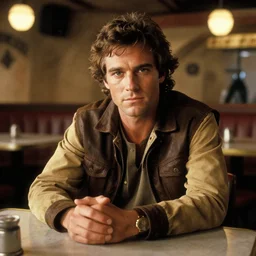 rhett sarlin sitting at a table in a cantina on tatooine, portrait by ralph mcquarrie