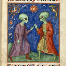First contact with aliens, medieval art, illuminated manuscript, historical, colored, masterpiece