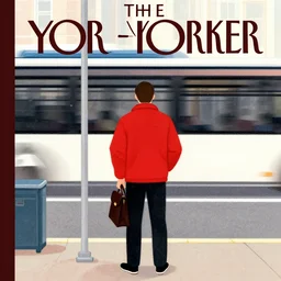 man in a red jacket waiting for the bus, illustration for new yorker magazine