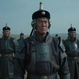 vfx film closeup, futuristic mongolian warriors, flat color profile low - key lighting award winning photography arri alexa cinematography, hyper real photorealistic cinematic, atmospheric cool colorgrade