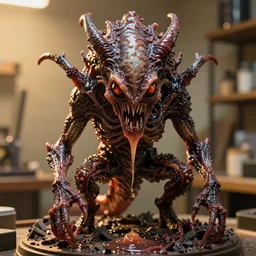 photo taken of an epic intricate, ultra detailed, super realistic sculpture of a wet, slimy, nightmarish hellish demonic trllobite creature on display in a workshop, created by weta workshop, zoomed in shots, photorealistic, sharp focus, f 0. 4, face centred, macro photography, golden ratio, golden hour