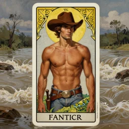 a dramatic, epic, ethereal tarot painting of a handsome!! brown shirtless cowboy | homoerotic | background is a torrential flooding river | tarot card, art deco, art nouveau | by Mark Maggiori | trending on artstation