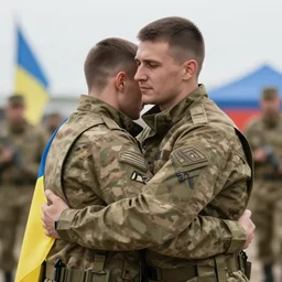 a picture of two soldiers. a soldier from ukraine and russia are hugging peacefully