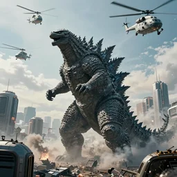 photograph of Godzilla destroying a futuristic city, military helicopters in the sky, smoke and destruction, highly detailed, cinematic, photorealistic