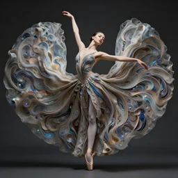 portrait of a ballerina in a long flowing gown. intricate abstract. intricate artwork. by tooth wu, wlop, beeple, dan mumford. trending on artstation, greg rutkowski very coherent symmetrical artwork. cinematic, hyper realism, high detail, octane render, 8 k, iridescent accents