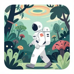 vector art of a surreal jungle, astronaut walking, psychedelic sky, mysterious crazy world