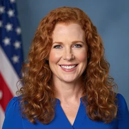 the official presidential portrait of ginger head woman, fair skin, smiley, long curly hair, blue blouse, hyper realistic, detailed face