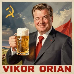 soviet propaganda poster of viktor orban winking with beer