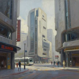 a photograph of a futuristic street scene, brutalist style architecture, straight edges, shop signs, public transport, finely detailed oil painting, impasto brush strokes, soft light, 8 k, dramatic composition, dramatic lighting, sharp focus, octane render, masterpiece, by adrian ghenie and jenny saville and zhang jingna