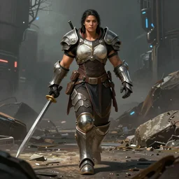 a big muscular female warrior in full armor walking across a cyberpunk wasteland with no helmet, halo infinite mjolnir armor, attractive female face, symmetrical face details, ultra realistic, very highly detailed, 8K, octane, Digital painting, concept art, illustration, rule of thirds, sharp focus, centered, good value control, Chyna