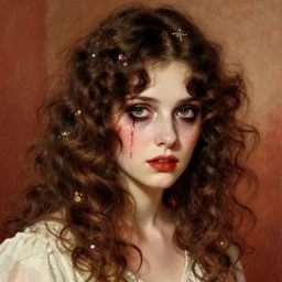 a beautiful but sinister girl in layers of fear, with haunted eyes and curly hair, 1 9 7 0 s, seventies, delicate embellishments, a little blood, crimson, painterly, offset printing technique, by jules bastien - lepage and mary jane ansell