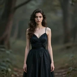 hight focus of a wonderful realistic focused sweet wonderful symmetrical mid portrait in the center of image, of a lonely woman with a only a dress like a realistic black raven, dramatic light, octane render - 8 k