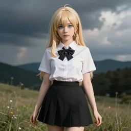 dollfie in school uniform, blonde hair, blue eyes, black skirt and white blouse
