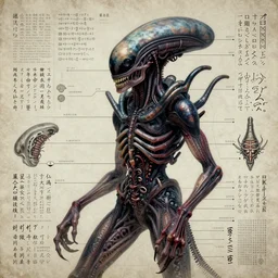 mutant horrific alien reproductive diagram, high detail, strange language, pictograms, dark fantasy, scientific, hdr, 8 k, photorealistic, yasushi nirasawa moebius style