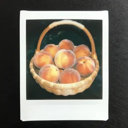 colorful instant photograph of a basket of peaches, polaroid, light leak, raw, nostalgic