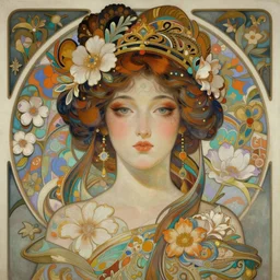 a hybrid exquisite complex portrait of oriental woman with intricate flowers in background, digital painting, artstation, concept art, smooth, sharp focus, illustration, art by artgerm and greg rutkowski and alphonse mucha, 8 k