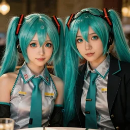 cinematic shot epic portrait hatsune miku and heisenberg on a date, hyper realistic, mood lighting, fantasy, detailed face, highly detailed, super realistic, perfect lighting pixel sorting