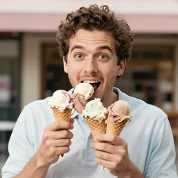 thom york excitedly eating several colorful ice cream cones