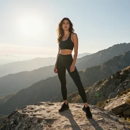 beautiful woman posing on the too of a mountain, sun in the background