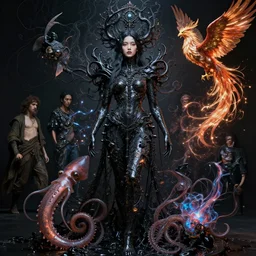 full shot of a beautiful woman covered by black oil, intricate lights, squid, phoenix, bio luminescent, plasma, by ruan jia and artgerm and range murata and wlop and ross tran and william - adolphe bouguereau and beeple. key art. fantasy illustration. award winning, artstation, intricate details, realistic, hyperdetailed, 8 k resolution.